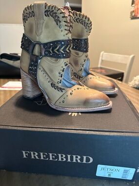 freebird tan and dark brown studded Western ankle boots